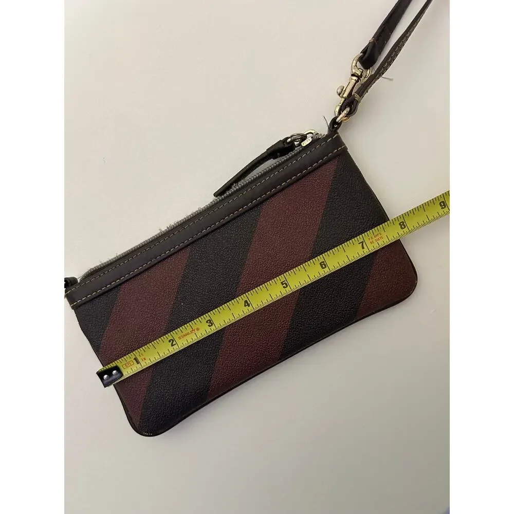 Dooney and Bourke Brown Black Striped Leather Wristlet GUC Red Shoulder Strap